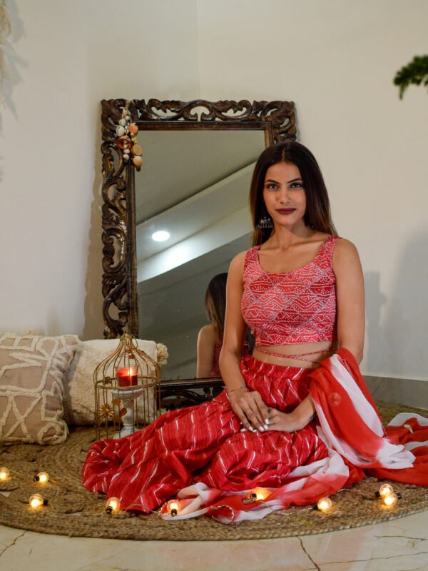 Handmade Pure Cotton Red Bandhani-Style Lehenga Set with Dupatta