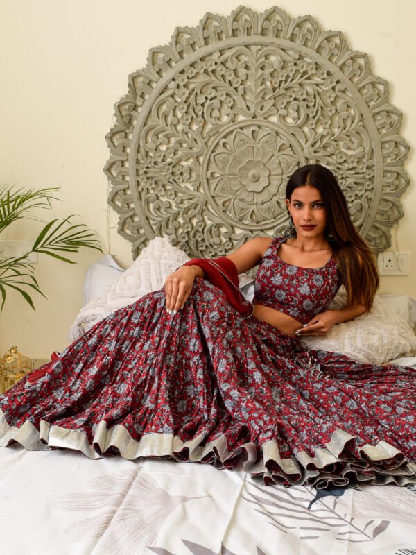 Handmade Pure Cotton Red & Blue Floral Lehenga Set with Silver Border