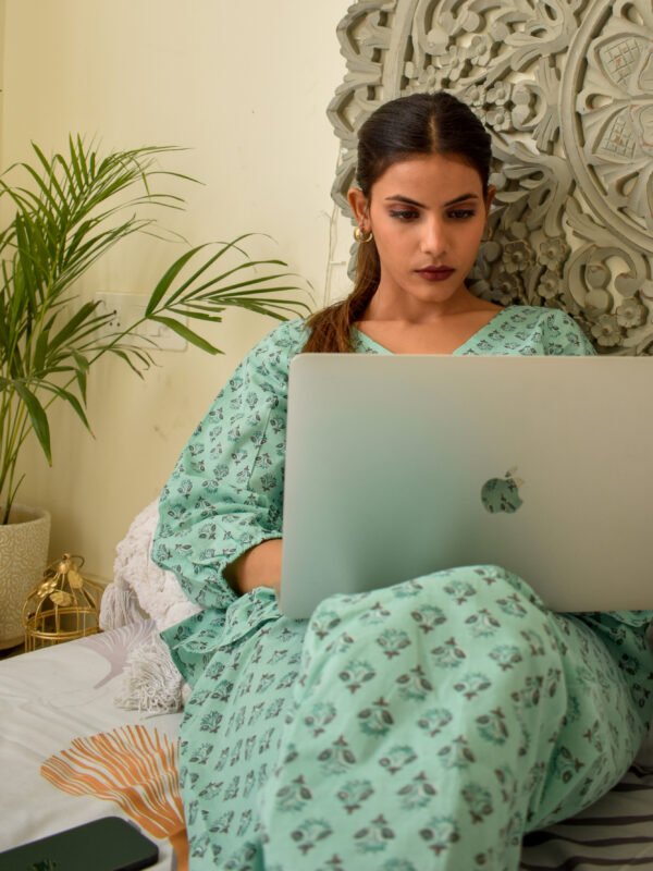 Handmade Pure Cotton Mint Blue Printed Lounge Set – Everyday Ease & Elegance