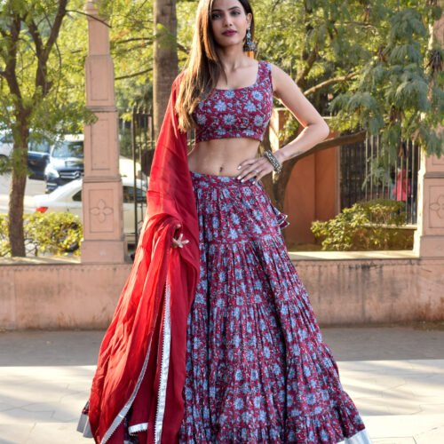 Handmade Pure Cotton Red & Blue Floral Lehenga Set with Silver Border