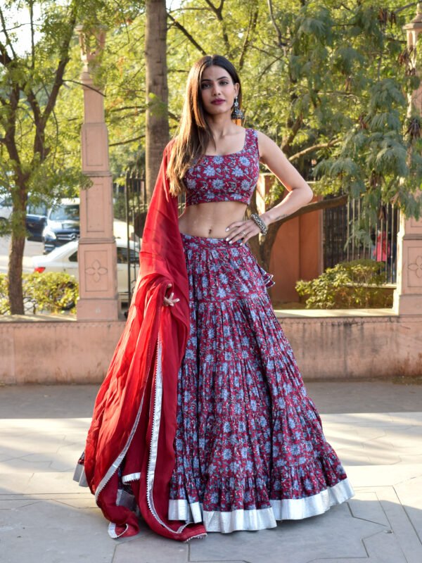 Handmade Pure Cotton Red & Blue Floral Lehenga Set with Silver Border