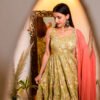 Handmade Pure Cotton Anarkali Dress in Pastel Green with Coral Dupatta with sleeves