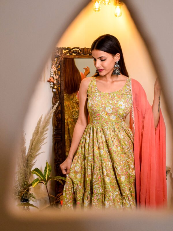 Handmade Pure Cotton Anarkali Dress in Pastel Green with Coral Dupatta with sleeves