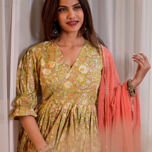 Handmade Pure Cotton Anarkali Dress in Pastel Green with Coral Dupatta with sleeves