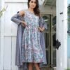 Elegant Blue Floral Layered Cotton Dress – Front Open Tassel Style | Casual & Festive Wear