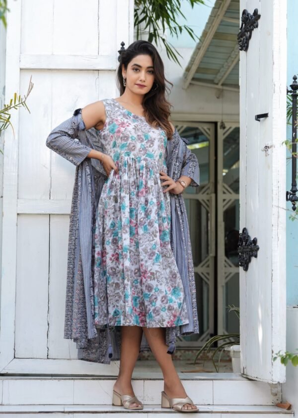 Elegant Blue Floral Layered Cotton Dress – Front Open Tassel Style | Casual & Festive Wear