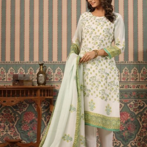 Fresh Floral Printed Cotton Suit Set – Off-White & Green | Elegant Ethnic Wear