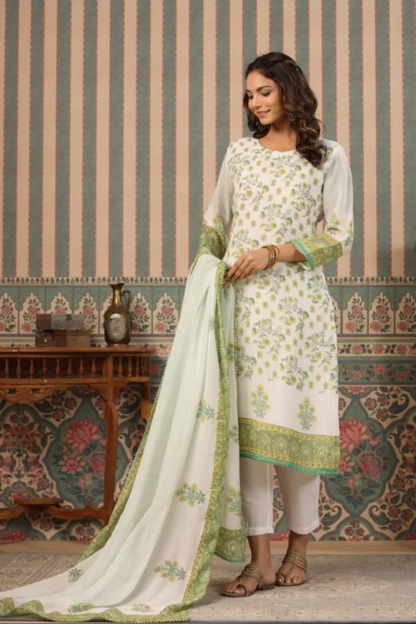 Fresh Floral Printed Cotton Suit Set – Off-White & Green | Elegant Ethnic Wear