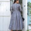 Elegant Blue Floral Layered Cotton Dress – Front Open Tassel Style | Casual & Festive Wear