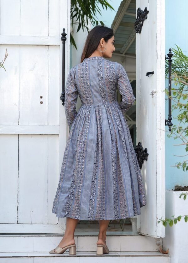 Elegant Blue Floral Layered Cotton Dress – Front Open Tassel Style | Casual & Festive Wear