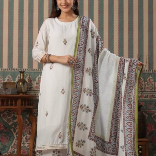 Classic Off-White Printed Ethnic Suit Set with Designer Dupatta | Cotton Blend | Graceful Everyday Wear