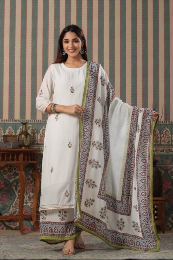 Classic Off-White Printed Ethnic Suit Set with Designer Dupatta | Cotton Blend | Graceful Everyday Wear